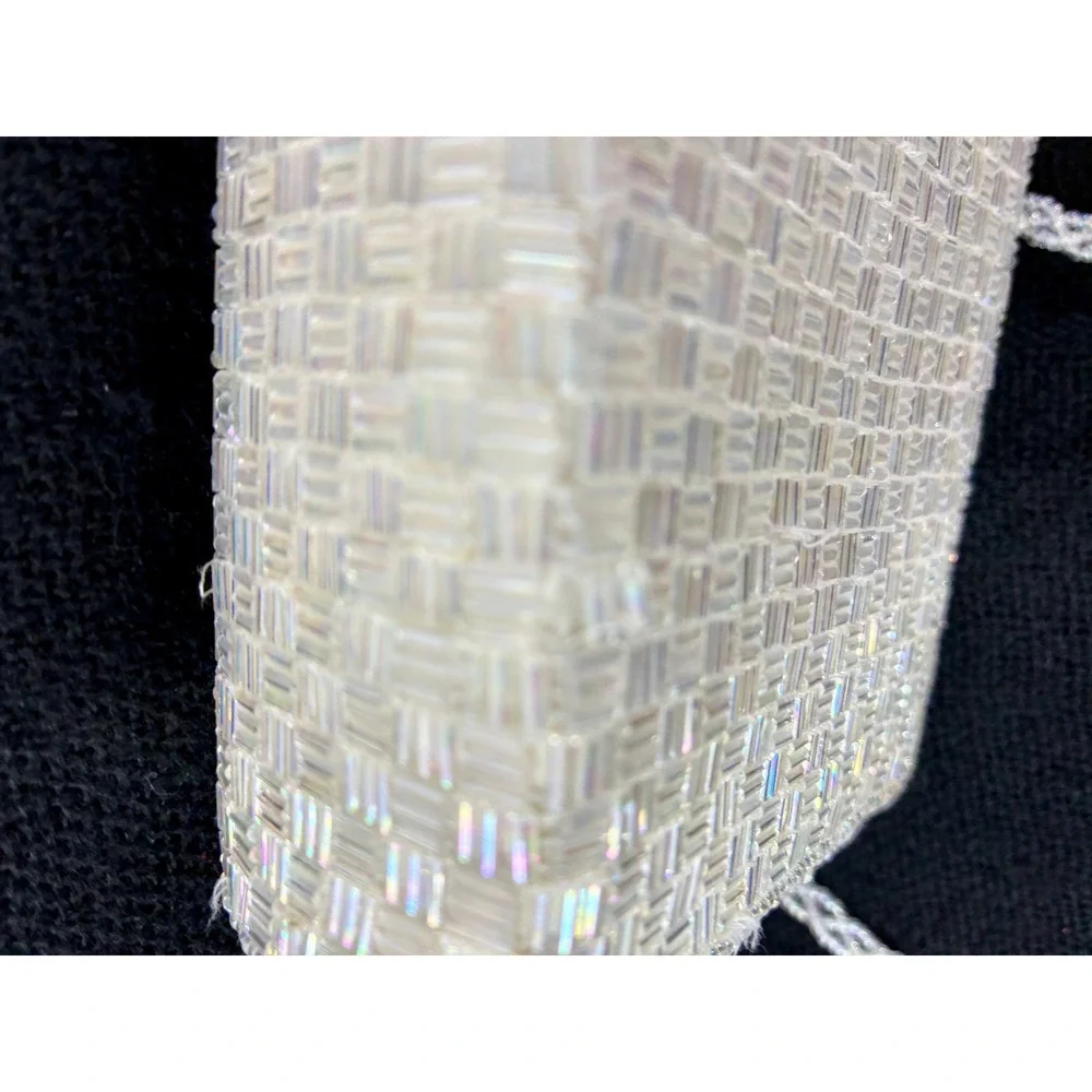 Vintage Iridescent White Beaded Evening Clutch Crossbody Bag Basketweave Pattern